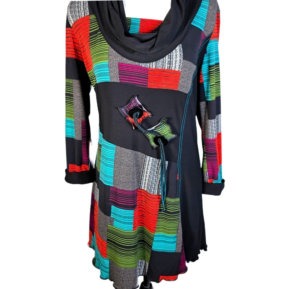 Joseph Ribkoff Tunic Dress 10 Patchwork Colorblock Cowl‎ Neck Abstract Geometric - Picture 3 of 12